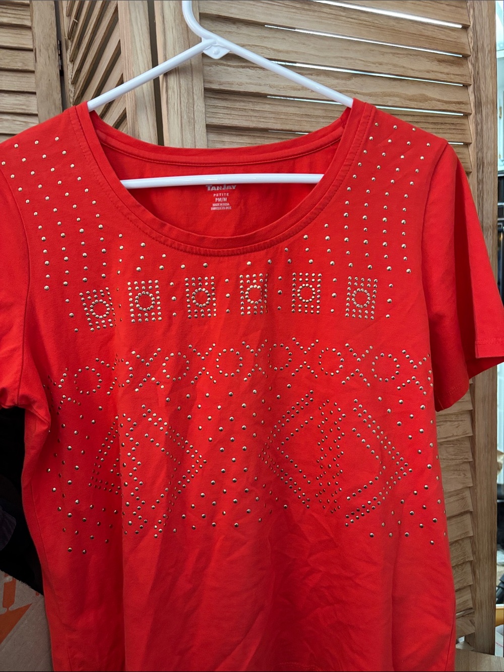 Tanjay Embellished Red Studded Scoop Neck Tee Petite Medium